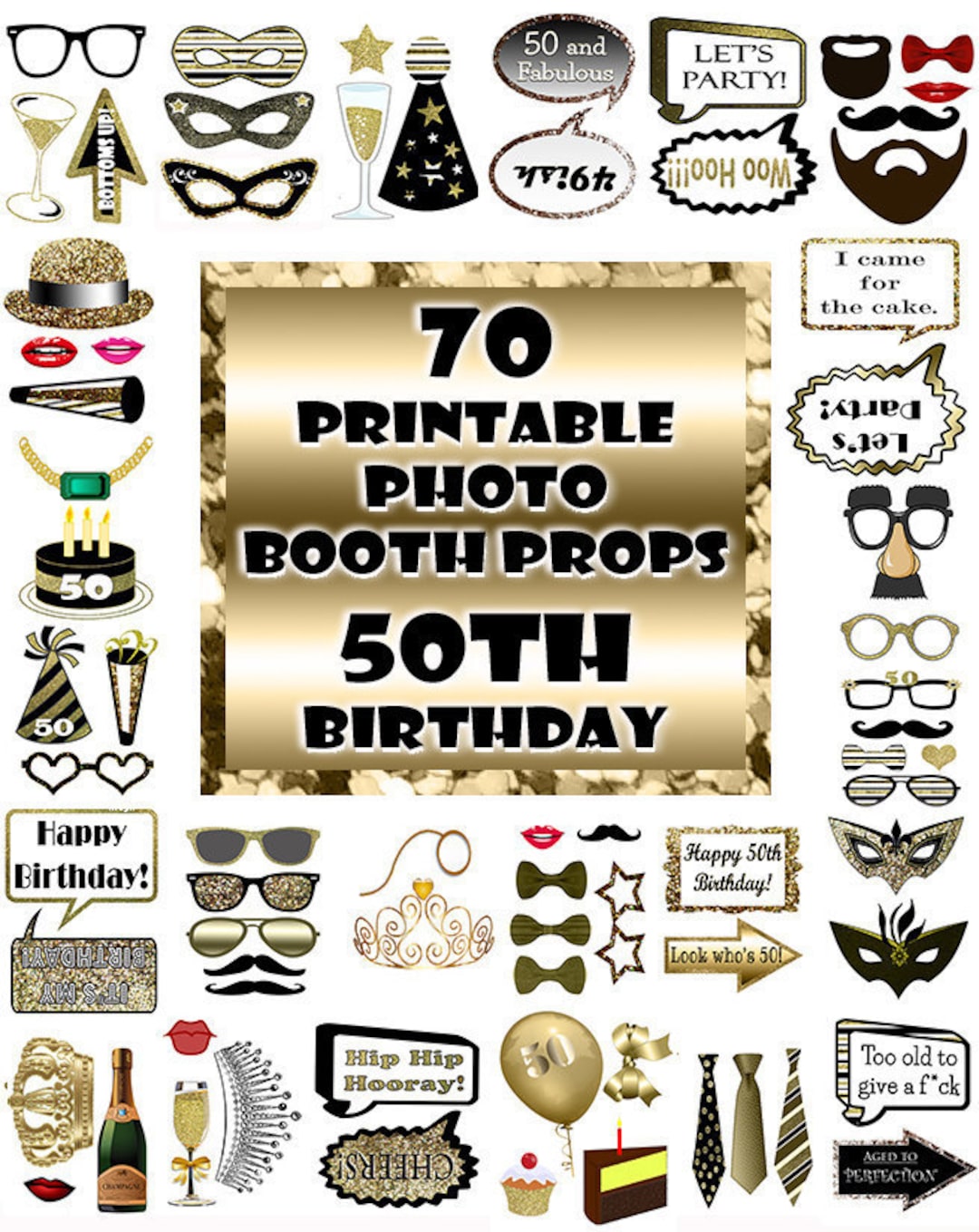 50th Birthday Photo Booth Props 50 Years Old Black Gold 70 Adult Classy ...