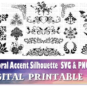 May include: A set of 19 black and white floral accent silhouette SVG and PNG files. The designs include various floral motifs, such as leaves, flowers, and swirls. The text "DIGITAL PRINTABLE ME" is at the bottom of the image.