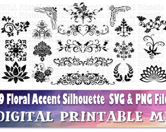 Floral Accent svg, silhouette bundle, 19, corner, divider, flower, laurel, flourish, damask, lotus, PNG, clip art, , vector, cutting