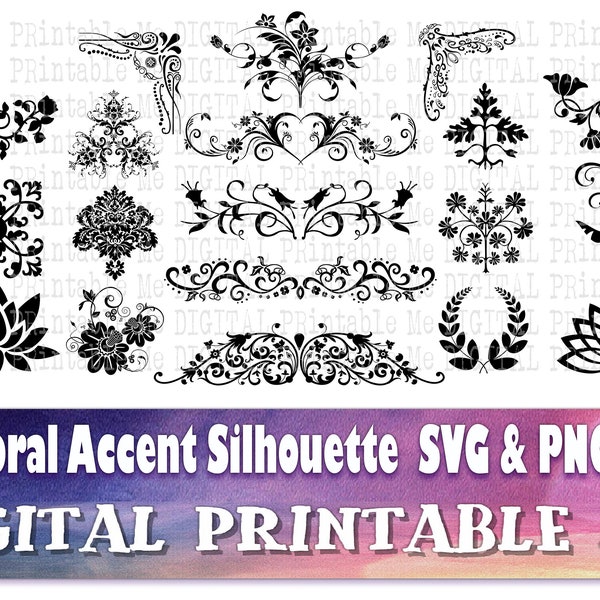 Floral Accent svg, silhouette bundle, 19, corner, divider, flower, laurel, flourish, damask, lotus, PNG, clip art, , vector, cutting