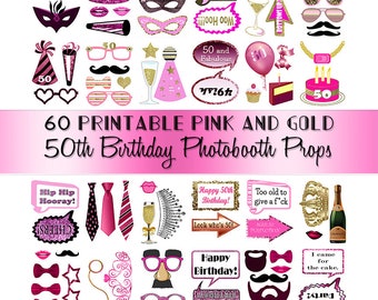 50. Geburtstag Photo Booth Requisiten Pink Gold 50 Jahre 70 Erwachsene Classy Glitter Printable Instant Download party game photobooth prop