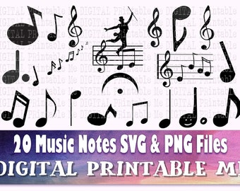 Music Note Silhouette, Music, SVG, PNG,  Clip Art Pack , 20 Images, Pack, Digital, Printable vector, musical sheet melody musician bundle