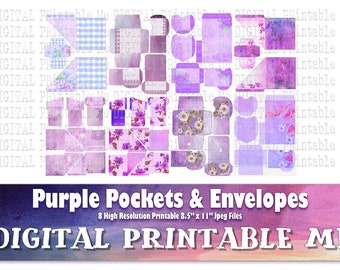 Purple Pockets & Envelopes, Lilac Vintage Ephemera Scrapbook Junk Journal supplies kit shabby diy tuck tag card Antique printable collage