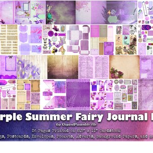 May include: Purple Summer Fairy Journal Kit by Digital Printable Me. This digital printable kit includes 26 pages of printable designs on A4 cardstock. The kit includes tags, postcards, envelopes, pockets, adverts, background papers, and more.