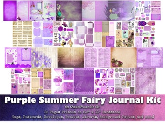 Purple Fairy Junk Journal Kit, Magic Summer DIY Scrapbook Ephemera, Nature Flowers 26 page pack tag pocket Supplies printable collage craft