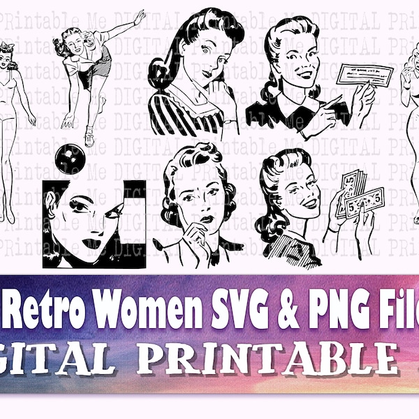 Vintage Woman svg, Retro Pop art png bundle, 8 lady illustrations, clip art pack women drawing, outline detailed line art 1950s