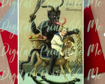 Merry Krampus Card Printable, Krampus Card, 5x7 Gruss vom Krampus Vintage Style Holiday Card, Krampuskarten, alternative, dark christmas