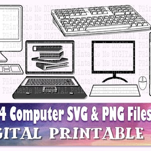 Op de afbeelding: Vier zwart-witte lijntekeningen van computers, waaronder een desktopcomputer, een laptop, een tablet en een desktopcomputer met een muis. De tekst "4 Computer SVG & PNG Files" en "DIGITAL PRINTABLE ME" staat onderaan de afbeelding.