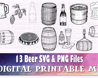 Bier svg, Silhouette Bundle, 13 Bilder, Alkohol, Erwachsene Getränke, Becher, Hopfen, Fass, Flaschenverschluss, PNG, Clip Art, Vektor, Illustration