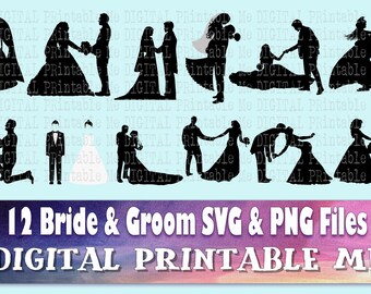 Wedding Silhouette, Bride SVG bundle, PNG, Groom Clip Art Pack, 12 Images, Instant Download, s, wedding dress, marriage, proposal