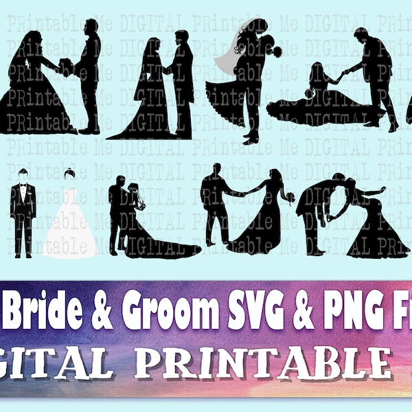 Wedding Silhouette, Bride SVG bundle, PNG, Groom Clip Art Pack, 12 Images, Instant Download, s, wedding dress, marriage, proposal