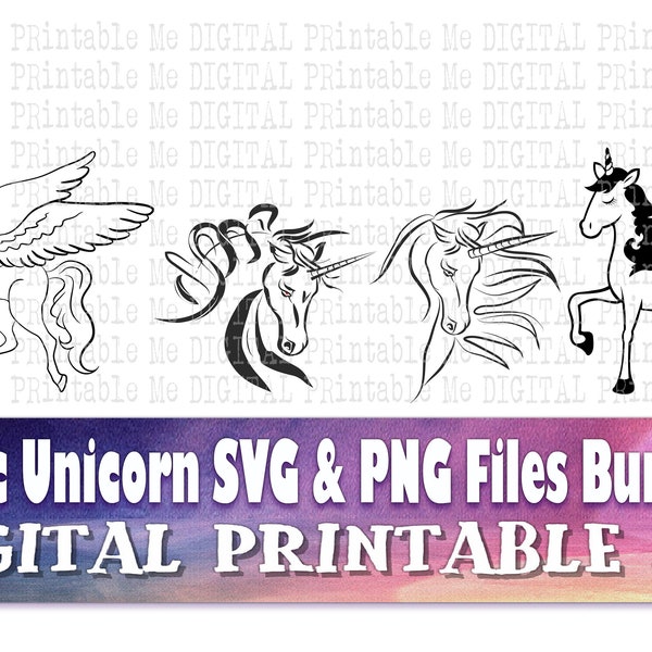 Unicorn line art SVG bundle, PNG, clip art, diy, unicorn head, face, winged, allicorn, 4 Pack, Digital, vector, s, birthday party