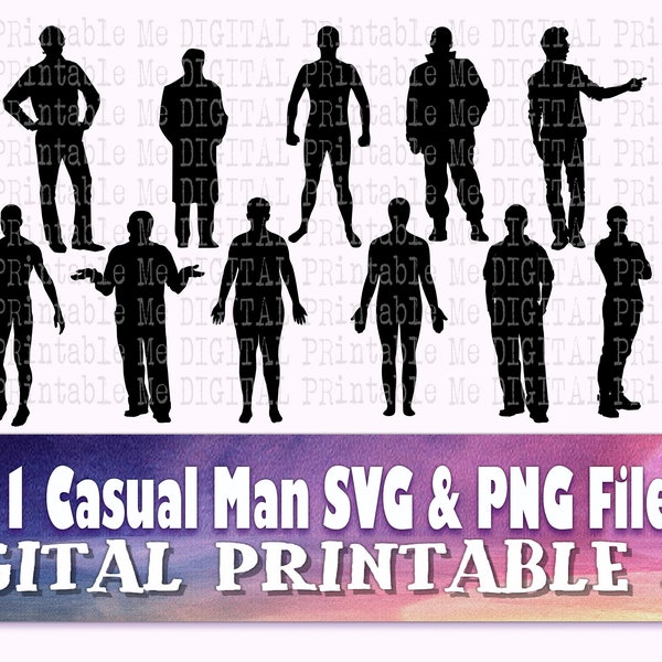 Casual Man svg, Male silhouette bundle, standing figure PNG, clip art, 11 Men images, vector, cut file, arms crossed, shrugging, laid back