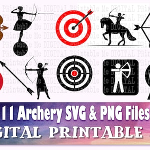 Archery svg bundle, silhouette outline, PNG, clip art, 11 Digital images, sport vector, archer, bow and arrow, target, icon, cut file