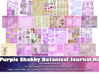 Purple Shabby Junk Journal Kit, Botanical Flowers DIY Scrapbook Ephemera, Nature 26 page pack tag pocket Supplies printable collage craft