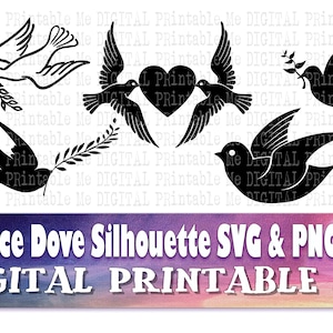 Peace Dove, Silhouette, SVG, PNG, Bird Flowers, Olive Branch, Clip Art Pack, 5 Images, Pack, Instant Download, Digital, s bundle