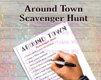 Around Town Scavenger Hunt Printable, Kids Activity, travel game, Download, Activities Children, , walking, nature social media selfie