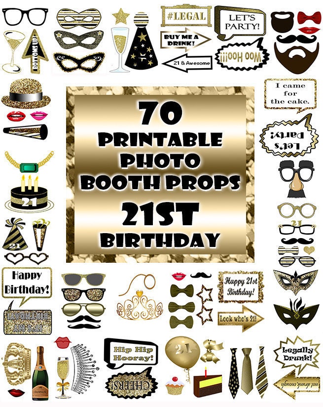 34pc Gold & Black 21st Birthday Photo Booth Props Kit - Party Supplies Decorations