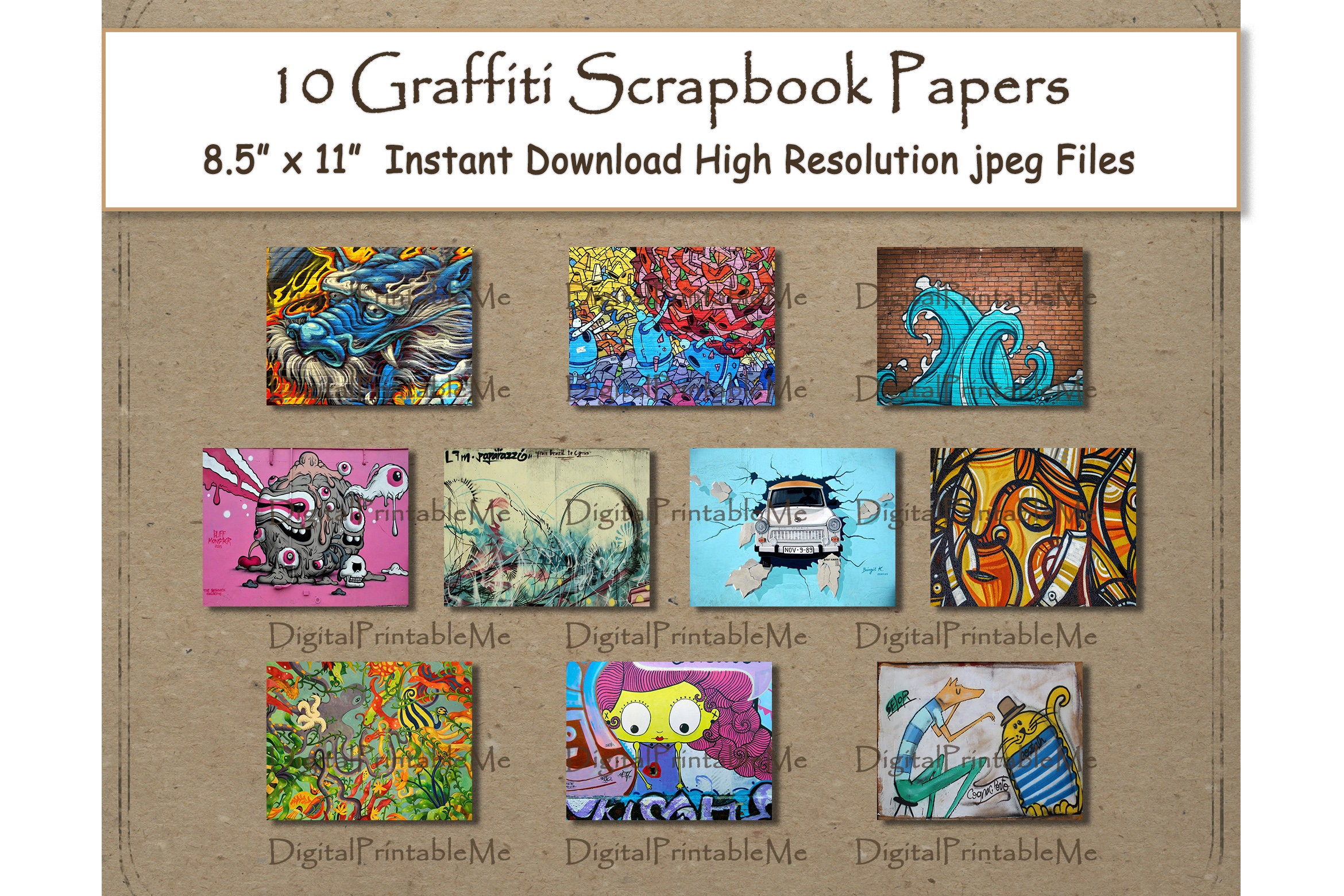 Graffiti Digital Paper Print 8.5 X 11 Texture Scrapbook Paper Pages  Printable Street Art Wall Mural Lady Graffiti Women Tag Junk Journal 