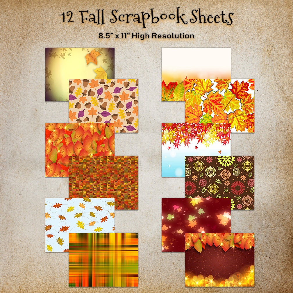 Fall Digital Paper Pages Scrapbook Paper Pack of 12 Printable, Shabby Chic,  Autumn, 8.5 X 11, Leaves Flowers Plaid Background Junk Journal 