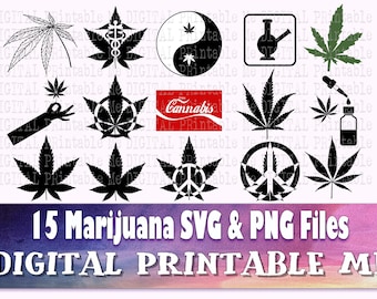 Weed svg, Cannabis silhouette bundle, 15 images, Marijuana plant, bong, peace sign, pot leaf, PNG, clip art, vector, cutting, cut file