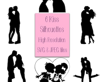 Kiss Clip Art, kissing couple silhouette 6 SVG JPG Images, Valentine's Pack, Instant Download, Digital, Valentine Wedding Kisses bundle