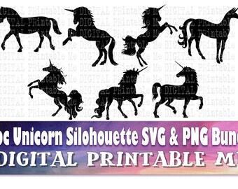 ユニコーン シルエット SVG バンドル、PNG、クリップ アート、DIY、ユニコーン ブラック ホワイト、7 パック、デジタル、ベクター、s、デカール