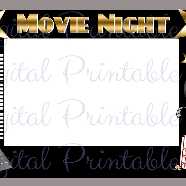 Movie Night Photo Booth Frame Background Backdrop Prop Black Gold Theater prom 36"x24" 48"x36"  Printable Download award party pdf jpeg prop