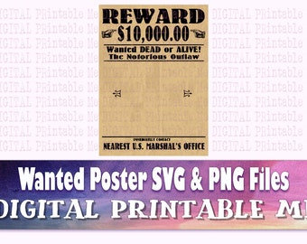 Wanted Poster SVG, Cowboy, Outline Reward, PNG, clip art, Digital file illustration Western, Ransom sign, wild west party Outlaw frame