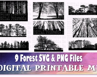 Forest Silhouette, Landscape SVG bundle, Woods PNG,  Clip Art Pack, 9 cut file pack, Instant Download, vectors, Outdoors, Thick Trees