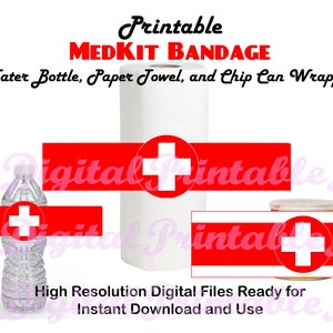 Medkit Wrappers, Health, Bandage, Printable,  Paper Towel, Water Bottle, Chip Can Wraps, Labels, Gamer Birthday Party Decorations video game