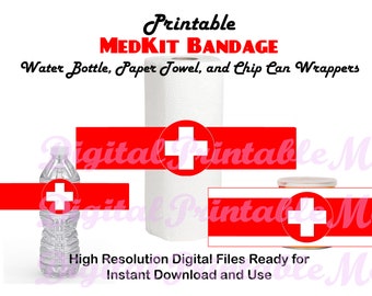 Medkit Wrappers, Health, Bandage, Printable,  Paper Towel, Water Bottle, Chip Can Wraps, Labels, Gamer Birthday Party Decorations video game