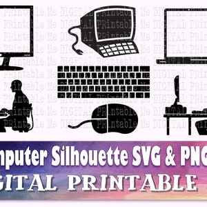コンピューター SVG、ラップトップ シルエット バンドル、PNG、クリップ アート、7 デジタル、PC、ゲーマー、モニター、キーボード、マウス、プログラマー、コンピューター デスクの女性
