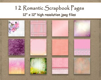 Romantic Digital Paper Layout  Pattern Floral scrapbook flowers pages 12 printable shabby chic junk journal background pink poster 12" x 12"