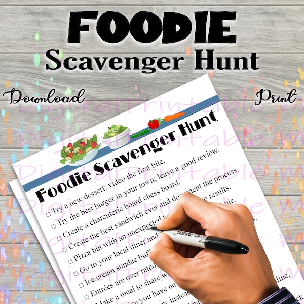 Foodie Scavenger Hunt Printable, food lover Game, scavenger hunt for kids, adult Party activity, cooking chef, download Activities selfie