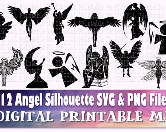 Engel svg, Silhouette Bundle, PNG, Clip Art, 12 Digital, einfache Zeichnung, Seraphim Grafik Cherub, Engel flügel, Schutzengel Plotterdatei