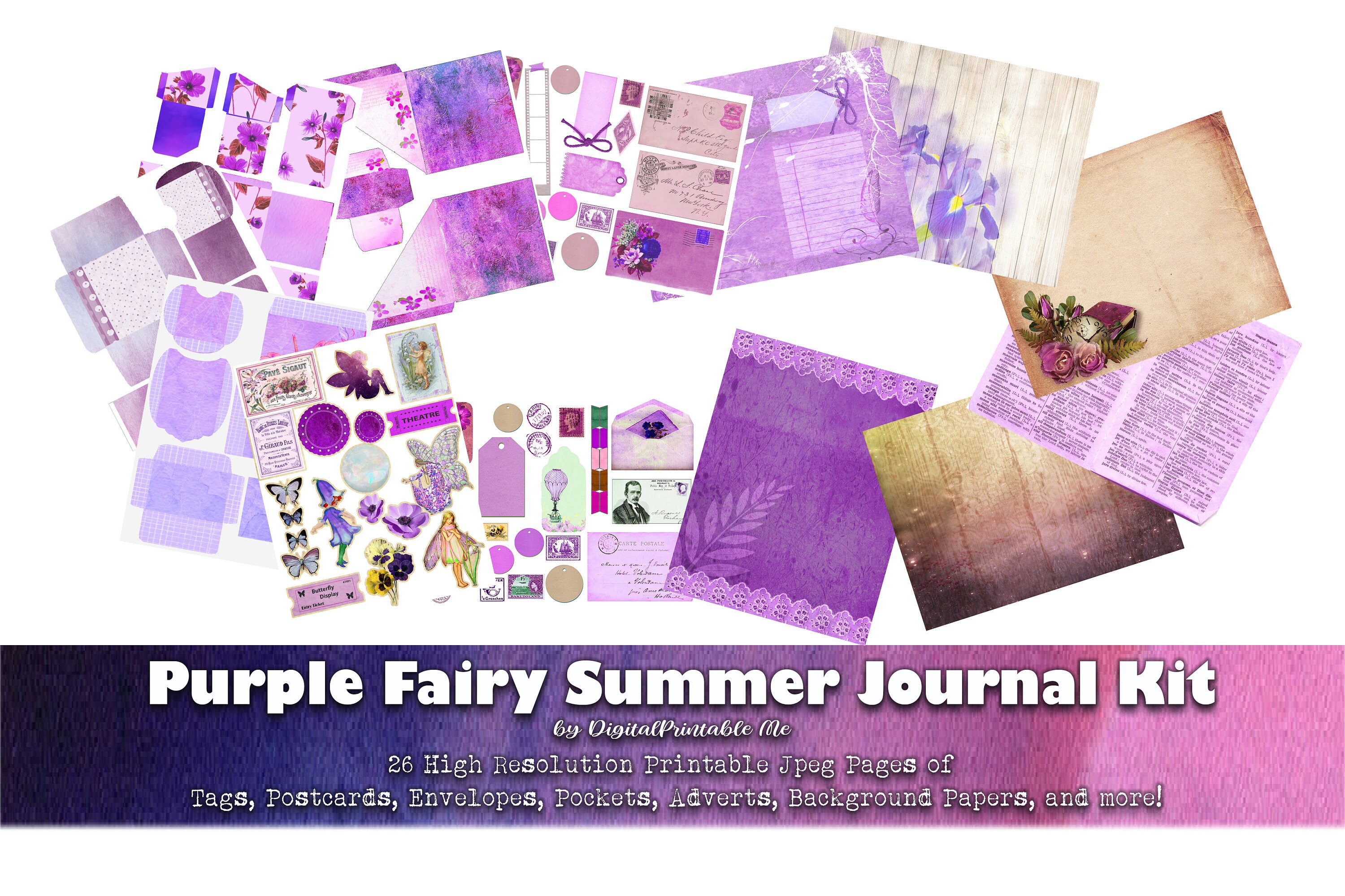 Purple Fairy Junk Journal Kit, Magic Summer DIY Scrapbook Ephemera ...
