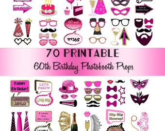 60th Birthday Photo Booth Props 60 year old Pink  Gold  70 Adult Classy Glitter Printable Instant Download party photobooth prop