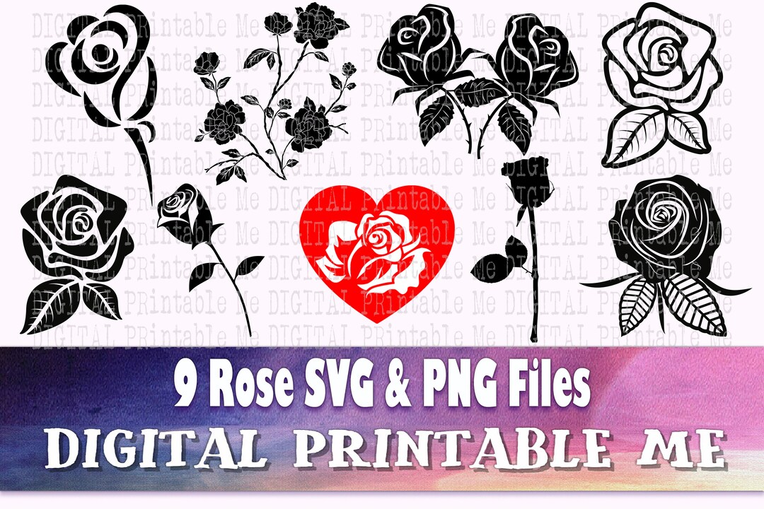 Rose Silhouette, Svg Bundle, 9 Outline, Flower Drawing, Cut File, PNG ...