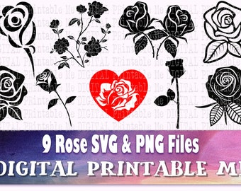 Rose silhouette, svg bundle, 9 outline, flower drawing, cut file, PNG, clip art, vector, rose bud, borders, dividers, accents
