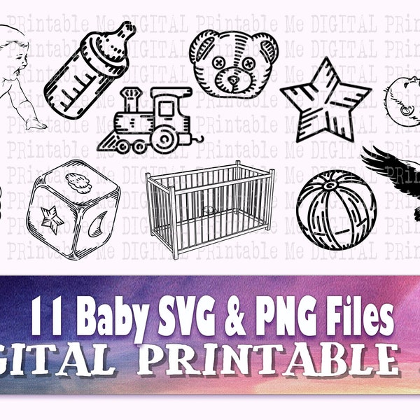 Baby SVG, child Clip art doodle bundle, hand drawn teddy bear, block bottle, stork bib train, PNG Digital vector, line art outline 11 images