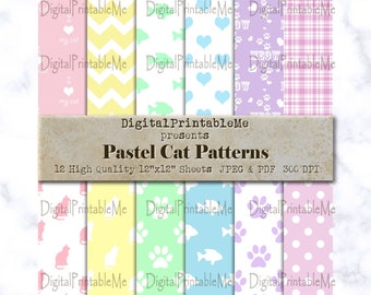 Pastel Cat Digital Paper Pack, Mixed  patterns, pastel, rainbow, white cat lover, Scrapbook ,  Background, download junk journal