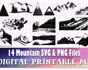 Mountain Silhouette, Landscape SVG bundle, skyline PNG,  Clip Art Pack, 14 cut file pack, Instant Download, vectors, Outdoor terrain nature