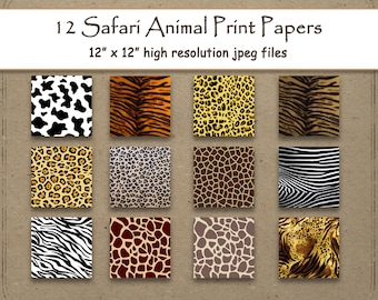 Safari Digital Paper  Animal print Texture scrapbook pages 12 fur, Zebra tiger giraffe instant download background  poster