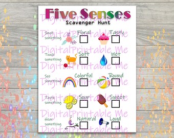 Five Sense Scavenger Hunt, actividad imprimible para niños, descarga, juego de fiesta, niños, favor de fiesta, distancia social sensorial e interactiva