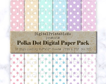 Pastel Polka dot digital paper, dot pattern,  Scrapbook Pack, Background, printable every color, variety mixed, junk journal 8.5" x 11"