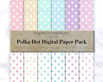 Pastel Polka dot digital paper, dot pattern,  Scrapbook Pack, Background, printable every color, variety mixed, junk journal 8.5" x 11"