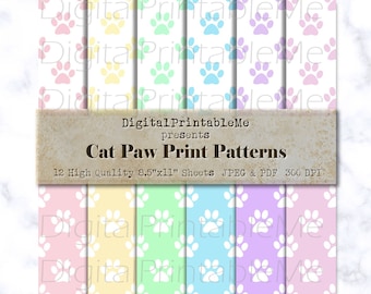Cat Paw digital paper, Pastel rainbow print mix white Pack, mixed Colors, cat lover Scrapbook bundle, printable junk journal kitten 8.5"x11"