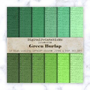 May include: Twelve 12x12 inch digital paper sheets featuring green burlap textures in various shades of green.  Digital PrintableMe presents Green Burlap. JPEG & PDF 300 DPI.