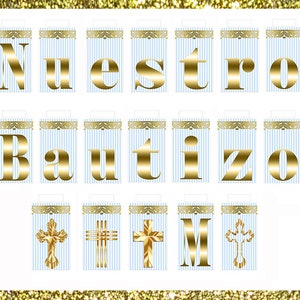 Printable Nuestro Bautizo Mi Banner, Blue Gold, baptism, Sign, Light, cross stripe, Instant Download, Party Decoration, Decor, DIY, JPEG PDF